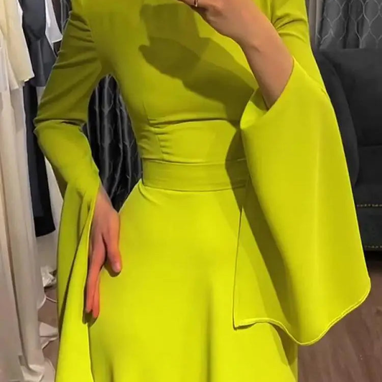 Onecozyday New Women Elegant Evening Dresses Ruffled Sleeve Turtleneck High Waisted Slim Fit Pleated Floor Length Dress