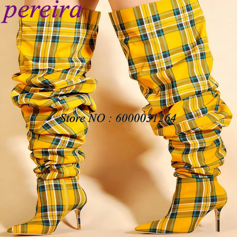 Loose Pleated Pointy Toe Boots Plaid Wide Fit Women Luxury Designer Shoes Ladies Over The Knee Botas Stiletto Mixed Color Bootie