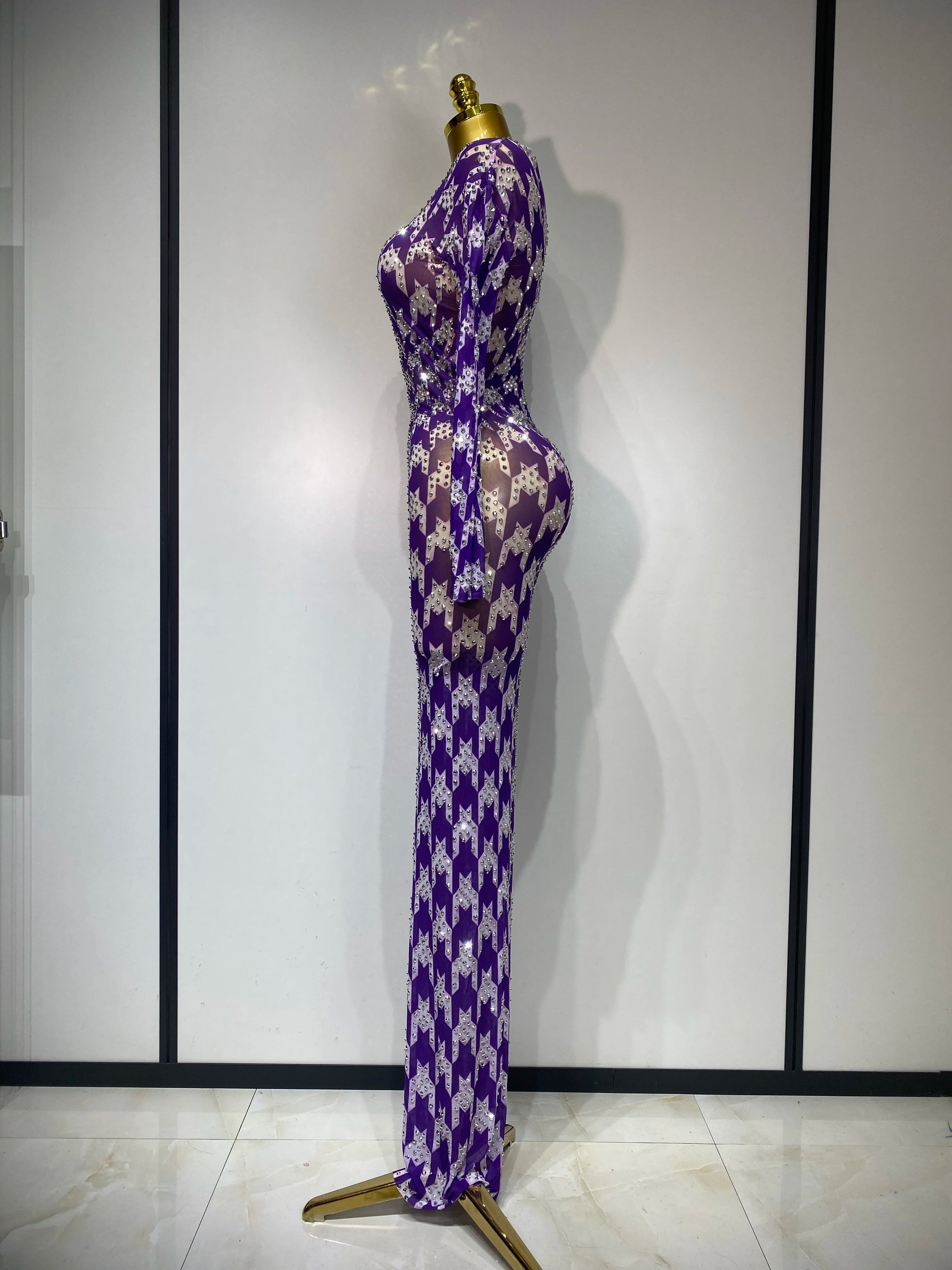 Sparkly Rhinestone Stretchy Mesh See Through Dress Women 2025 Performance Dancer Costume Luxury Birthday Nightclub Stage Outfit