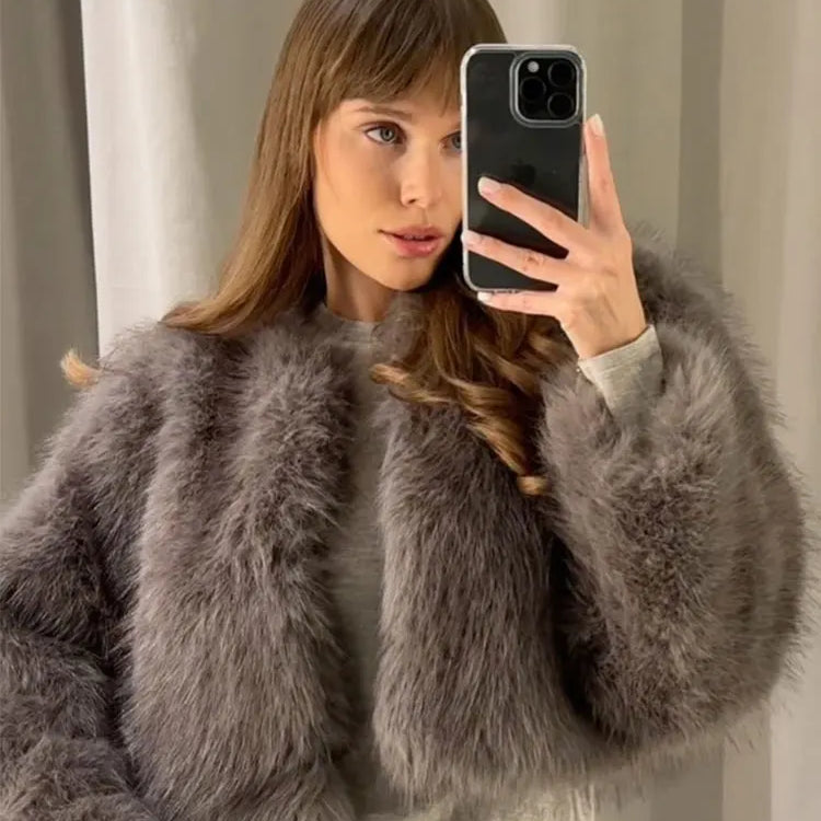 Winter New Fashion Female O-Neck Vintage Long Sleeve Loose Streetwear Top Woman Artificial Fur Effect Jacket Coats