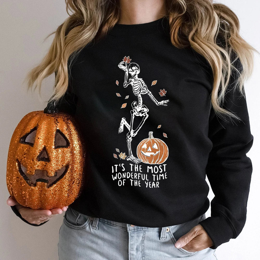 Halloween Skeleton & Pumpkin Print Sweatshirts Casual Long Sleeve Crew Neck Sweatshirt Women's Plus Size Clothing black
