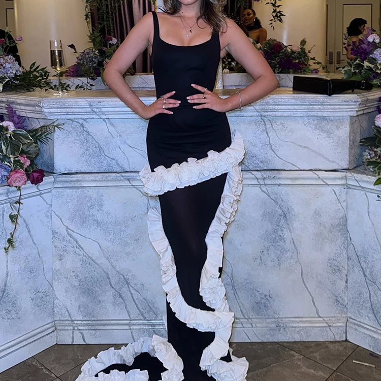 VC Artistic Black & White Strappy Dress Gown Ruffled Detailing for Creative Galas