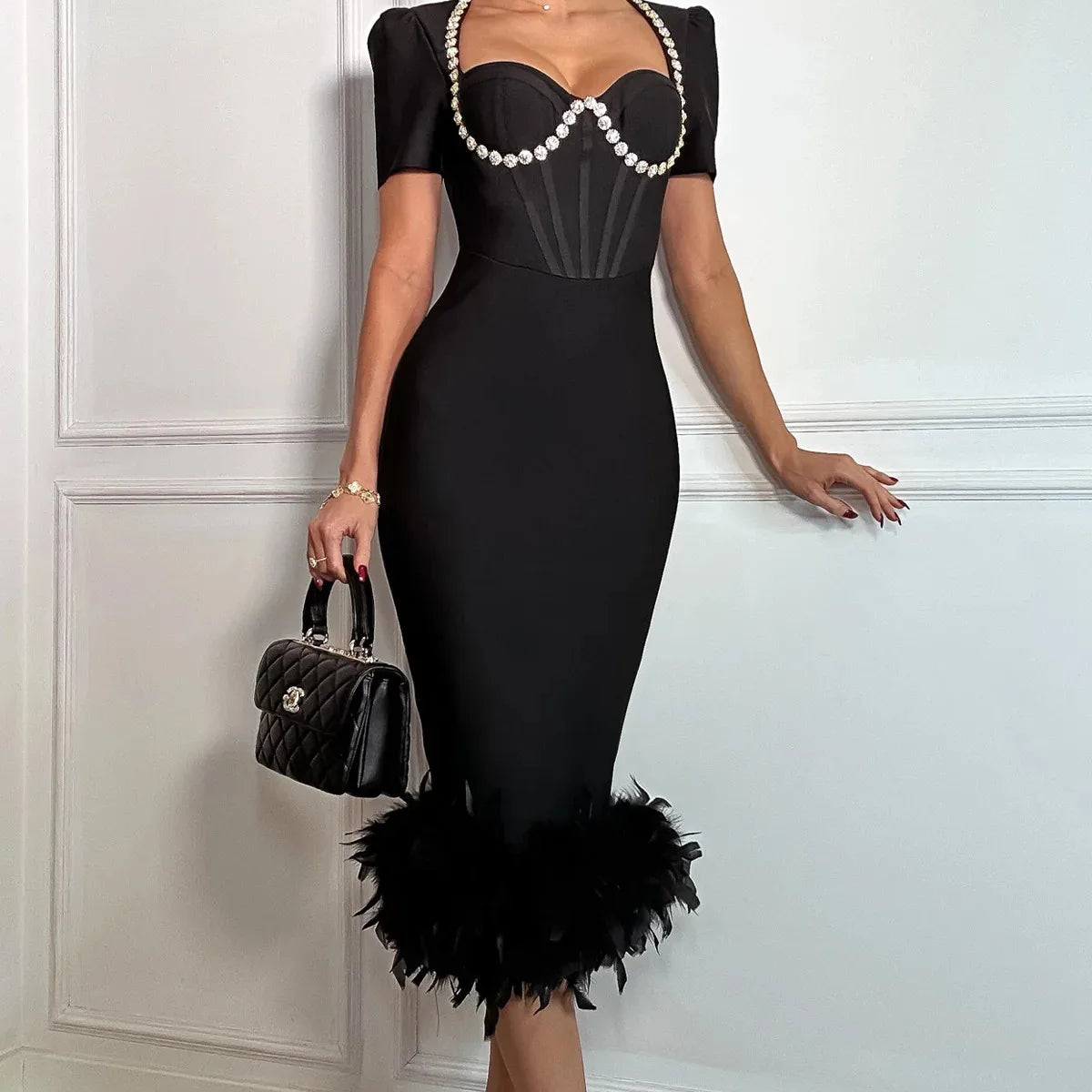 Black Color Women Sexy Sqaure Collar Short Sleeve Bodycon Bandage Mid-calf Dress Celebrate Evening Party Cocktail Dress