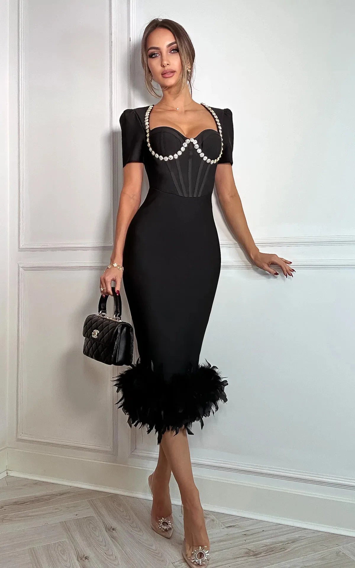 Black Color Women Sexy Sqaure Collar Short Sleeve Bodycon Bandage Mid-calf Dress Celebrate Evening Party Cocktail Dress