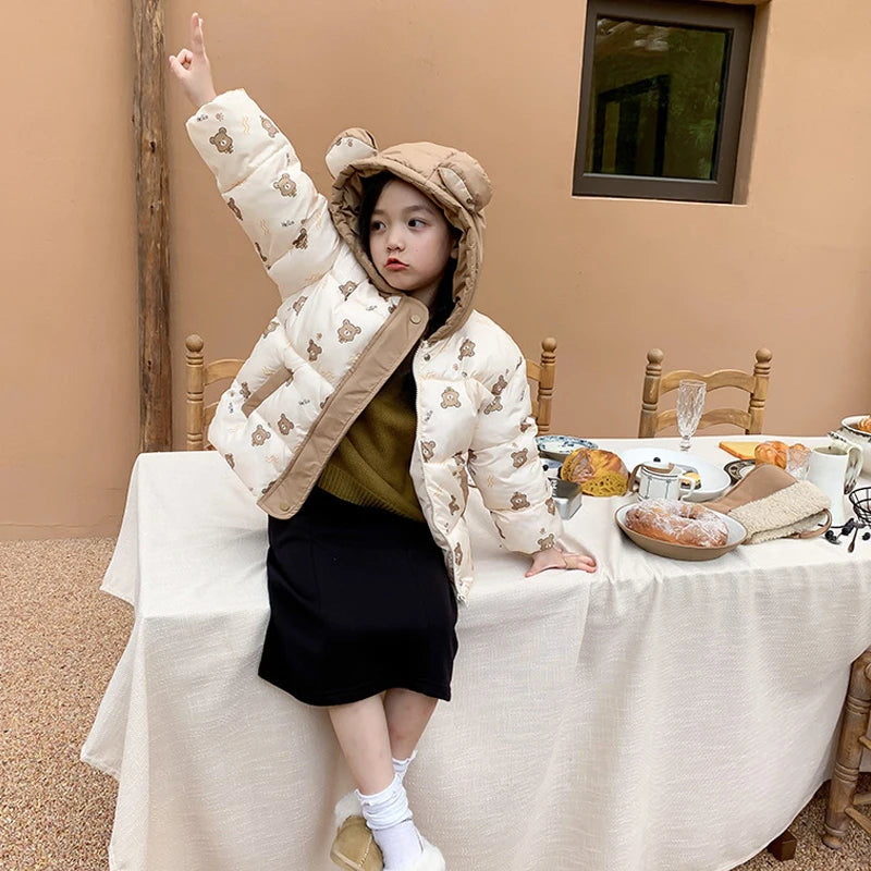 Winter Thickened Warm Hooded Jacket 1-7 Year Old Boys Girls Fashion Versatile Casual Printing Down Coat Children's Wear Photo Color 1