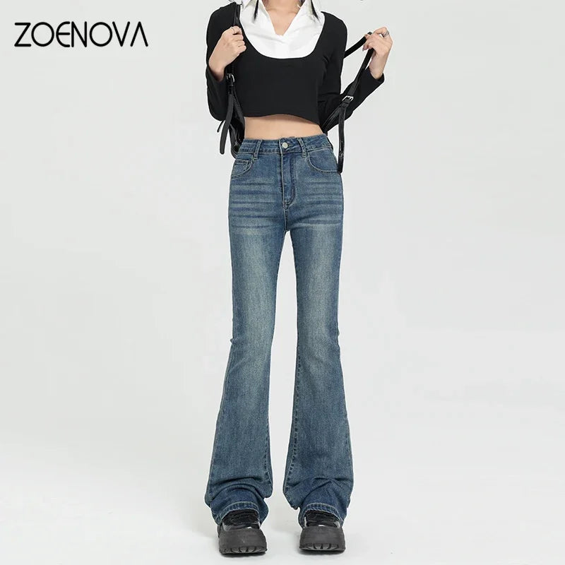 Autumn Women Vintage Denim Flare Pants Fashion New Casual Streetwear High Waist Slim Soft Mom Trouser Harajuku Y2K Jeans