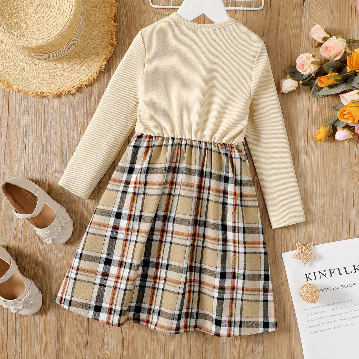 PatPat Kid Girl Dress Bowknot Design Ribbed Plaid Splice Long-sleeve Girls Dress Kids Dresses for Girls Clothes