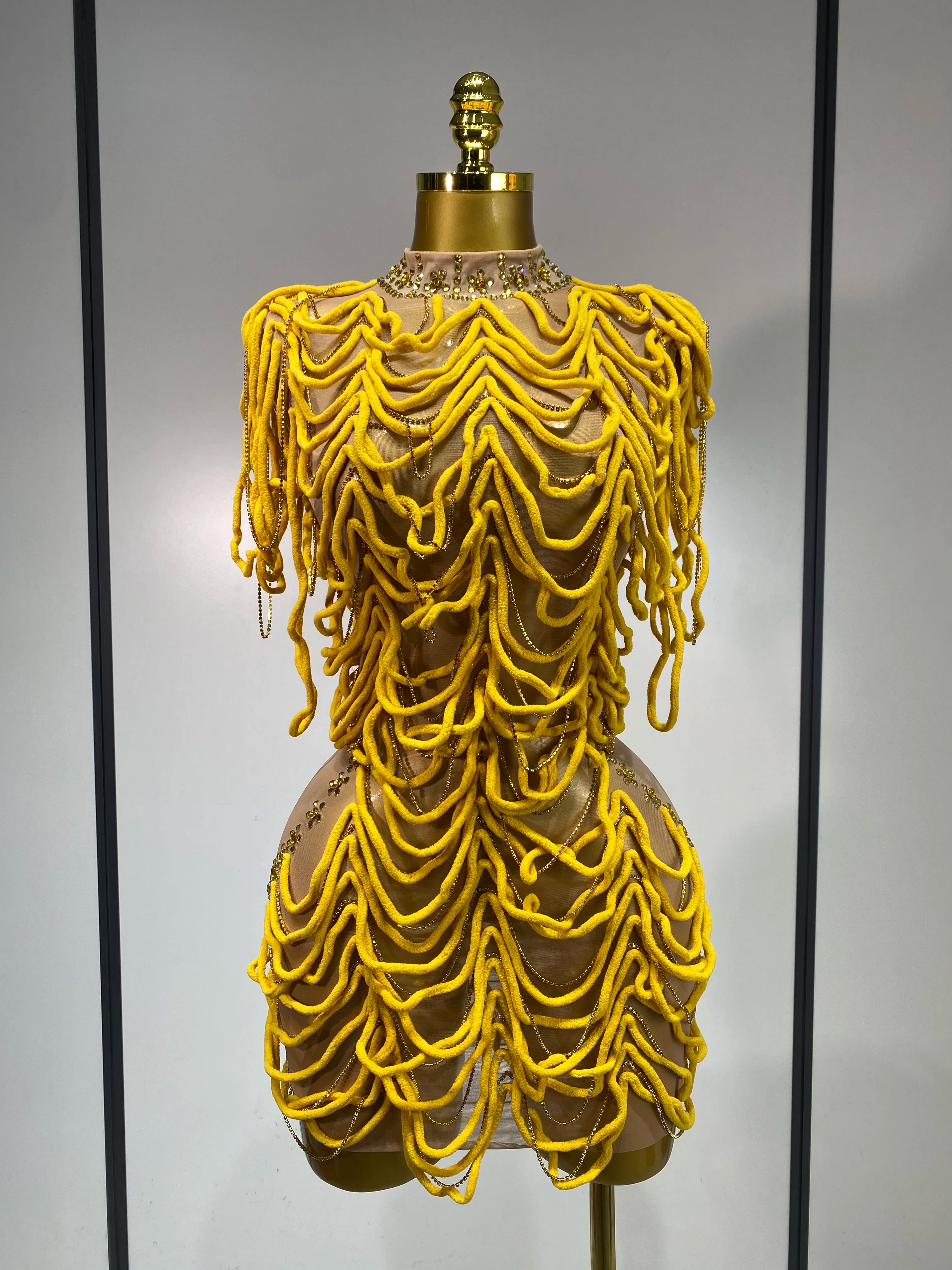 Women Sexy Mesh See Through Designer Rhinestones Chain Stage Performance Costume Nightclub Celebrate Party Luxury Birthday Dress