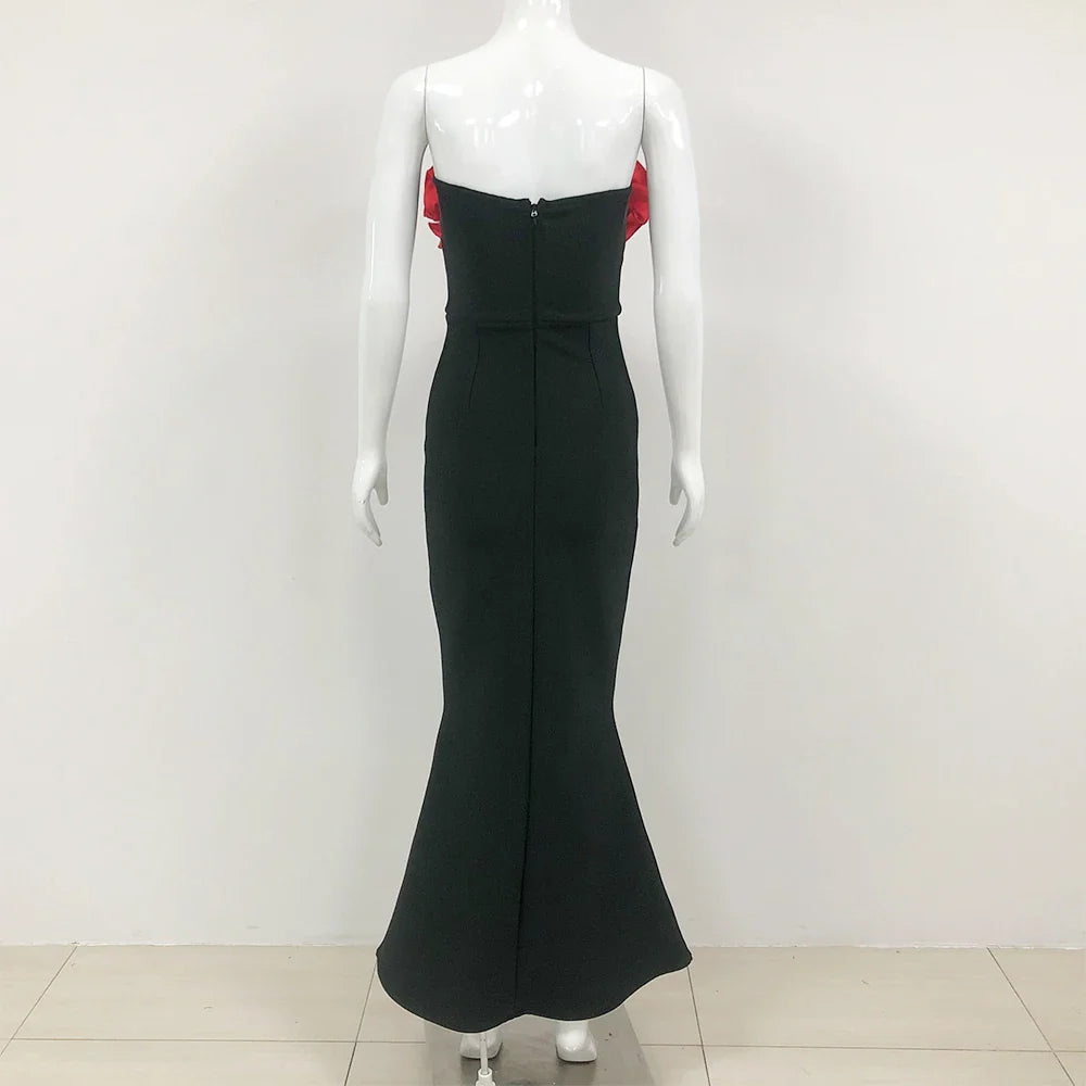 Fashion Red Florals Women Sexy Strapless Off the Shoulder Bodycon Bandage Long Dress Nightclub Party Celebrate Dress