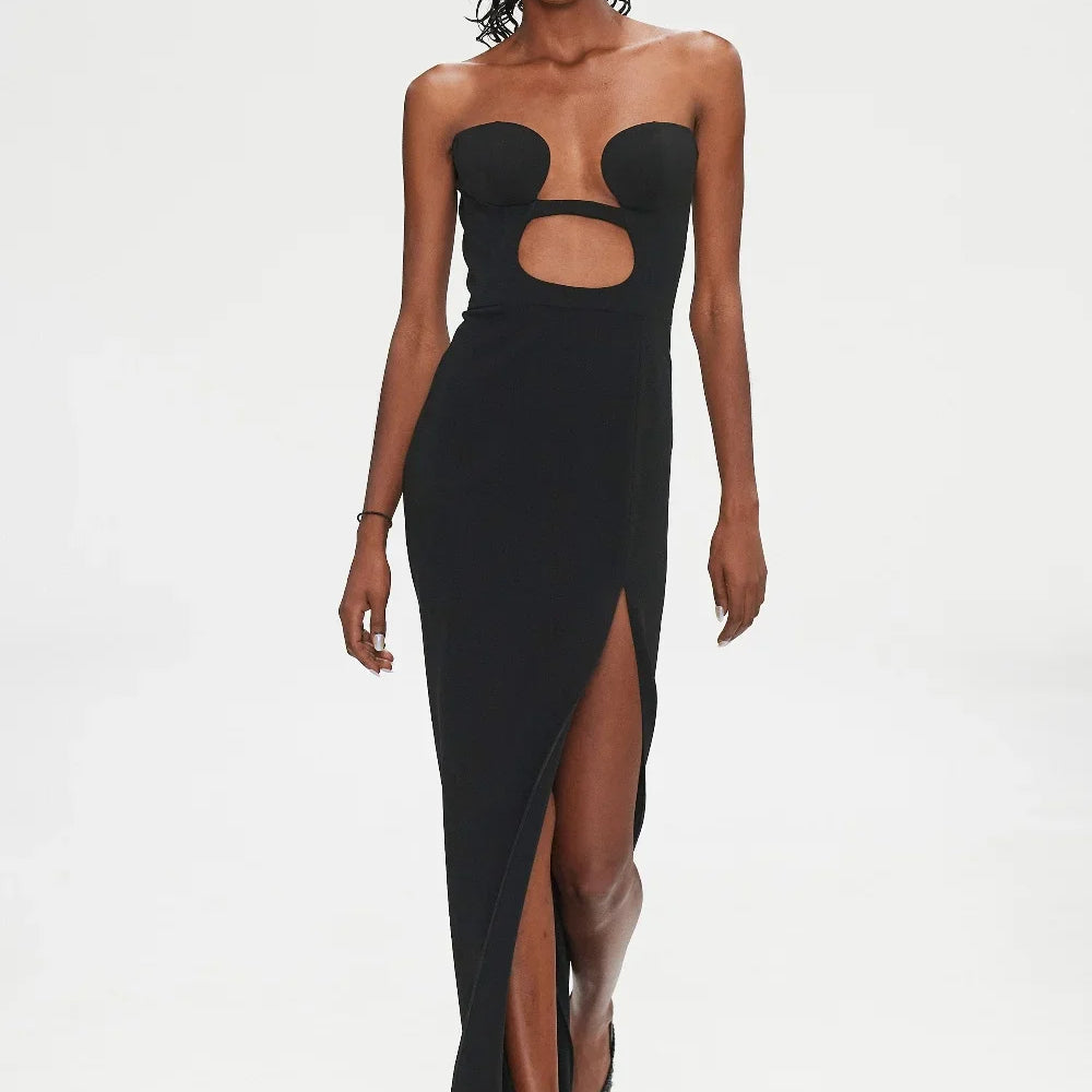 Summer Women Sexy Strapless Keyholes Bodycon Bandage Mid-calf Dress Nightclub Party Evening Dress Wholesale