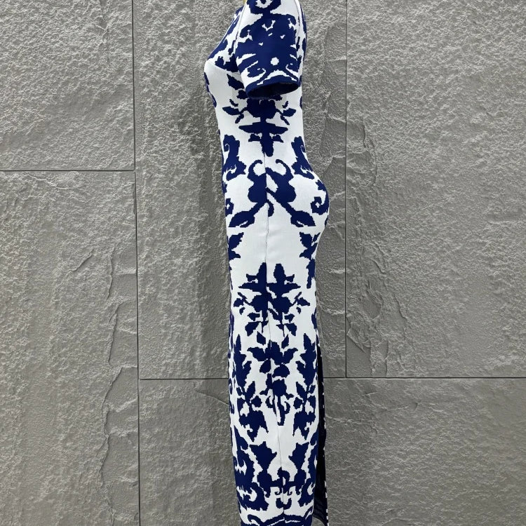 Top Quality Women Short Sleeve Sexy Blue Jacquard Bodycon Long Bandage Dress Elegant Evening Party Occation Office Wear