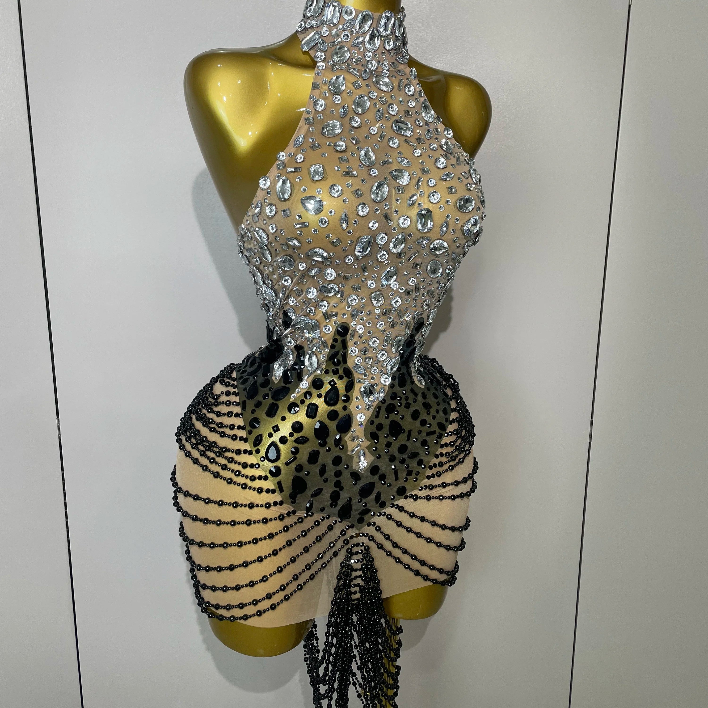 STOCK Sparkly Crystals Beading Short Dress 2025 Women Sexy Mesh Backless Evening Prom Celebrate Birthday Dress Photo Shoot Wear