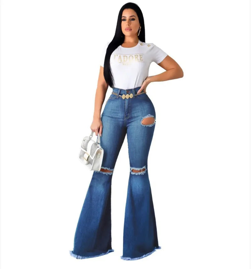Plus Size Blue Washed Flare Denim Mom Jeans for Women Winter Spring Clothes Skinny Side Stripe High Waisted Sequined Pant Y2K