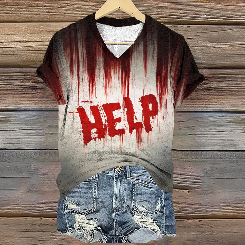 Vintage Women's T-shirt V-neck T-shirt Letter Printed Short Sleeve T-shirt Casual Loose Clothes Halloween Bloody T-shirt VAYJWH2024075R5
