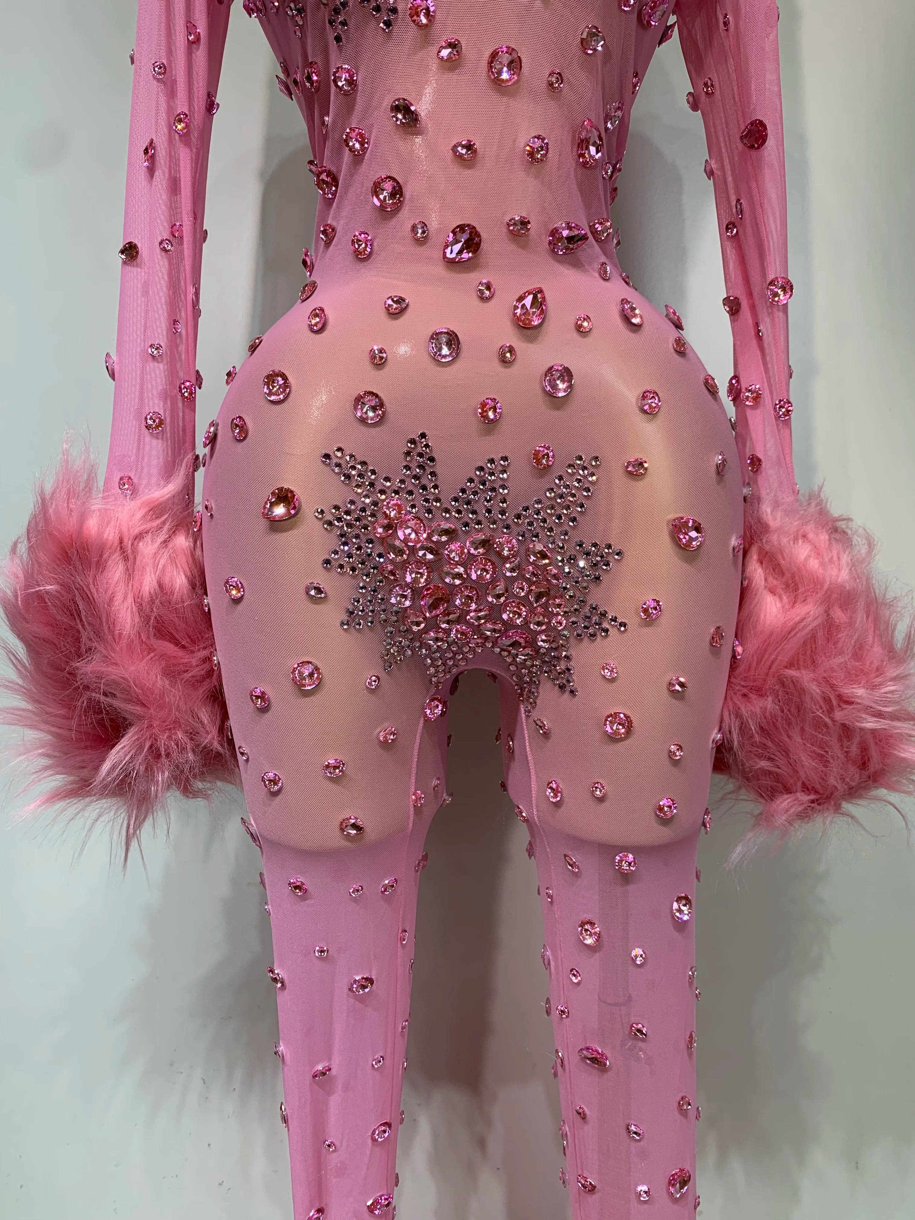 Shiny Diamond Mesh See Through Bodycon Jumpsuit Women Sexy Long Sleeve Performance Singer Costume Nightclub Stage Outfit