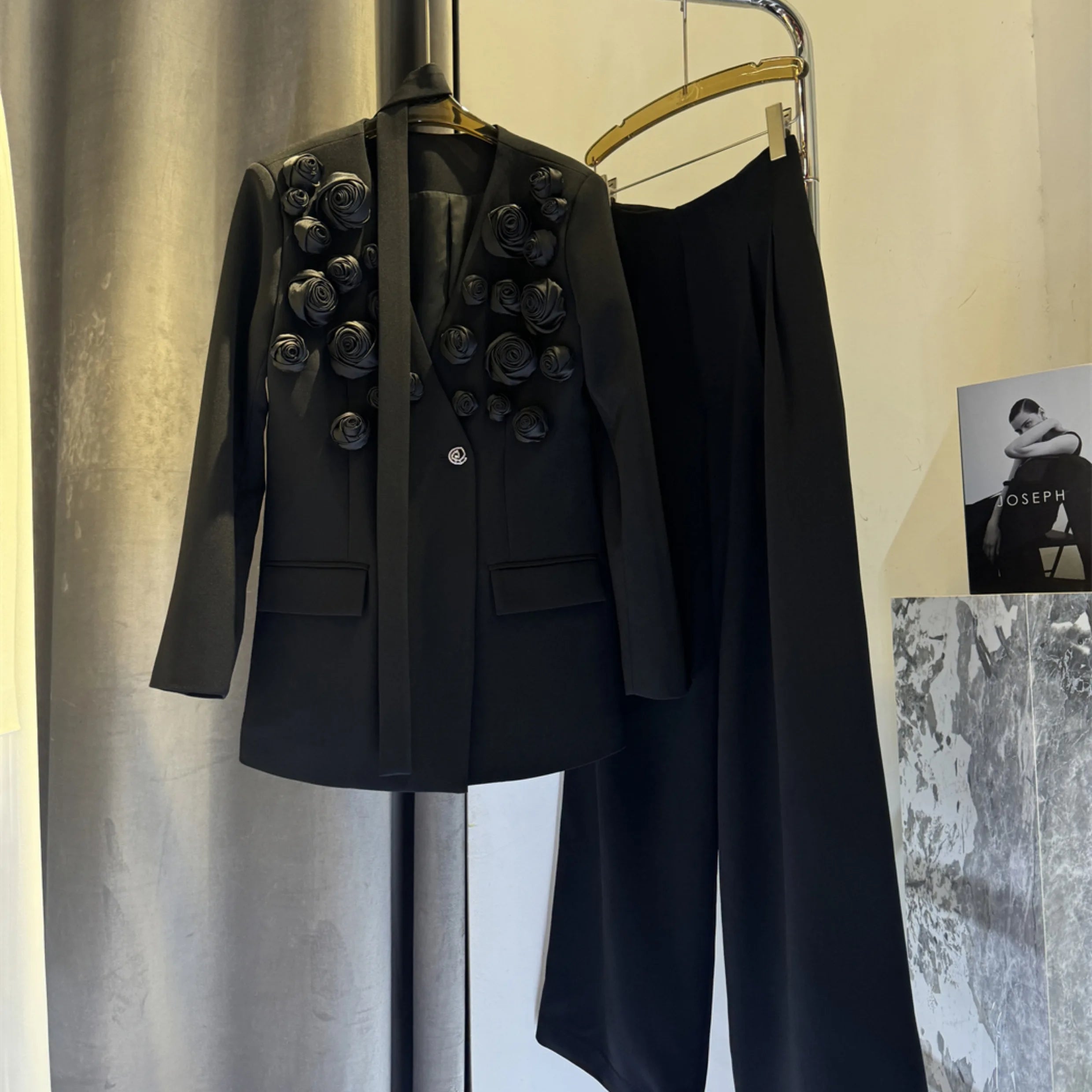 TWOTWINSTYLE Solid Spliced Appliques Two Piece Sets for Women V Neck Long Sleeve Patchwork Pocket Top High Waist Pant Set Female