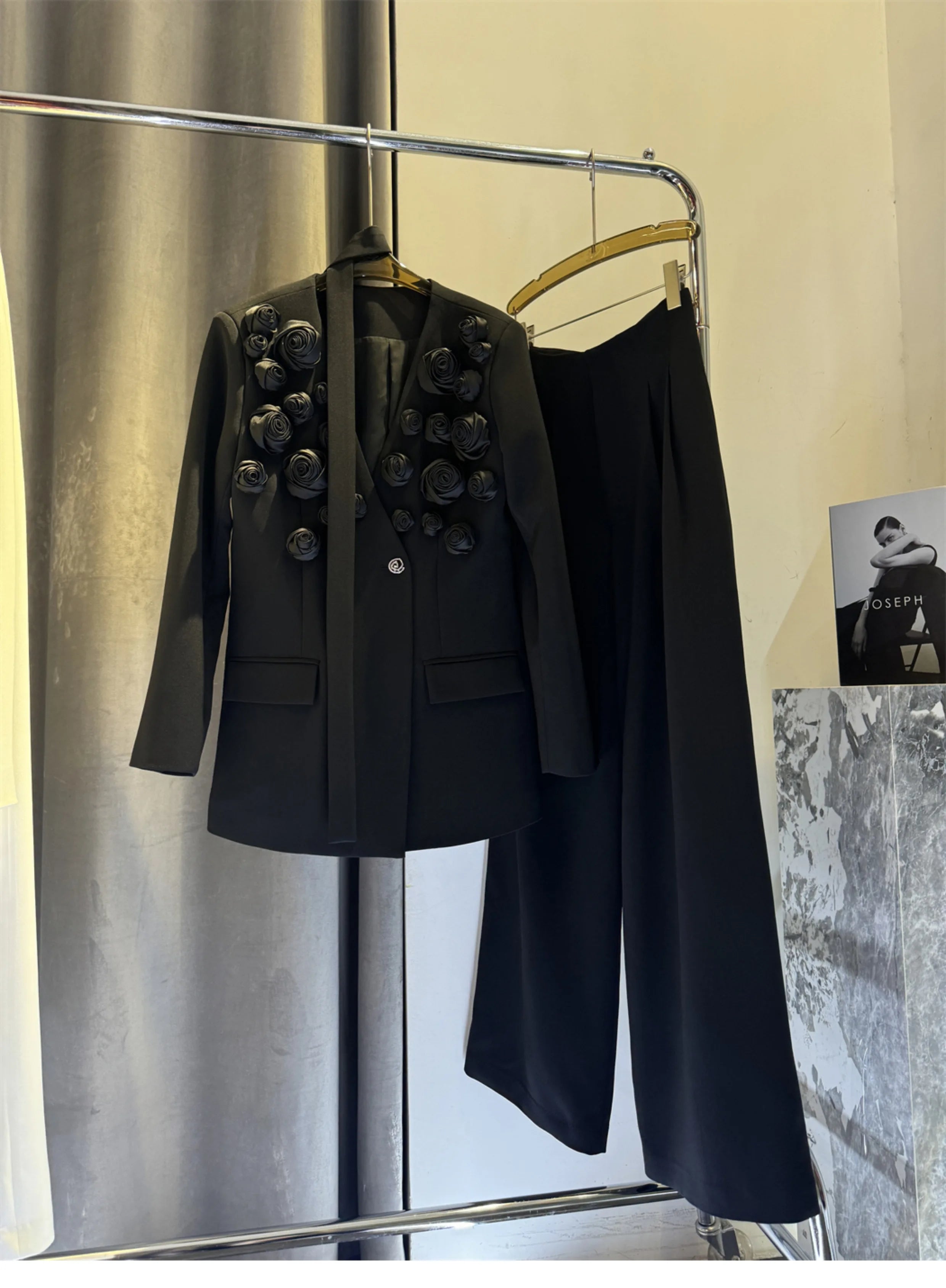 TWOTWINSTYLE Solid Spliced Appliques Two Piece Sets for Women V Neck Long Sleeve Patchwork Pocket Top High Waist Pant Set Female