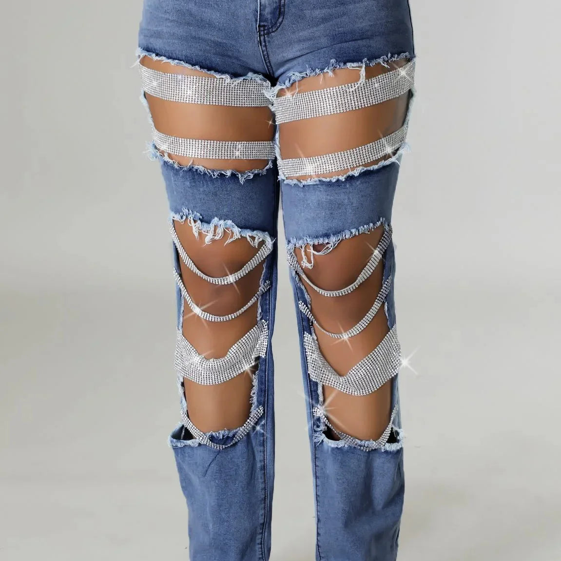 CM.YAYA Women Fashion Pearl Beading Ripped Hollow Out Tassel Wide Leg Jeans 2024 New Summer INS Street Denim Pants Trousers