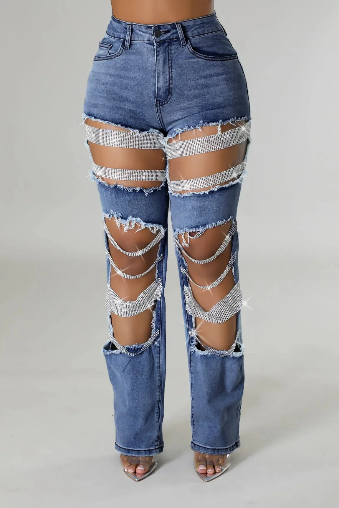 CM.YAYA Women Fashion Pearl Beading Ripped Hollow Out Tassel Wide Leg Jeans 2024 New Summer INS Street Denim Pants Trousers