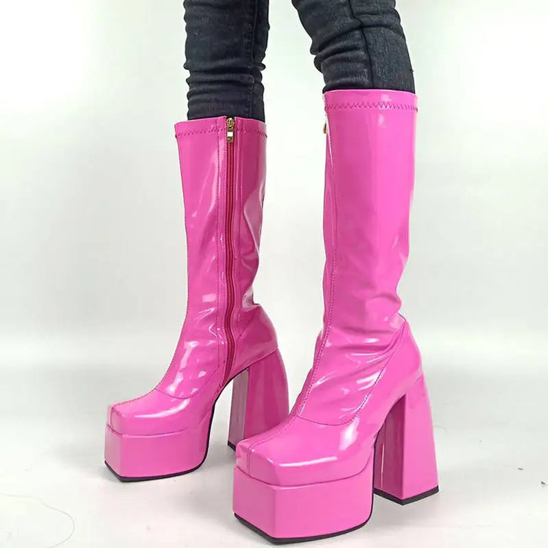 Elastic Microfiber Shoes Ankle Boots Autumn Snow Boots High Heel Thick Platform Mid-Calf Boots