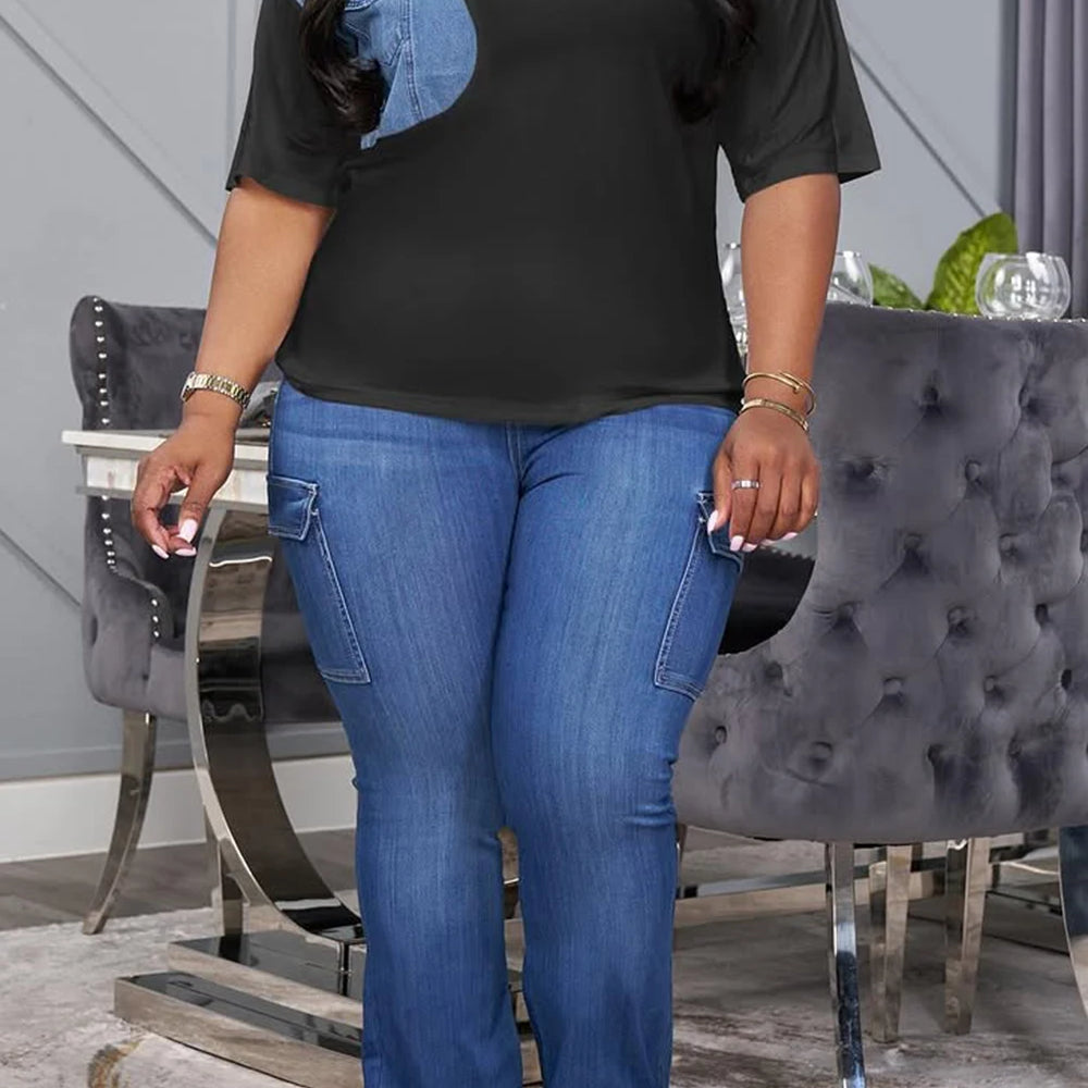 Plus Size Business Casual Black Round Neck Short Sleeve Pocket Denim Two Piece Pant Sets