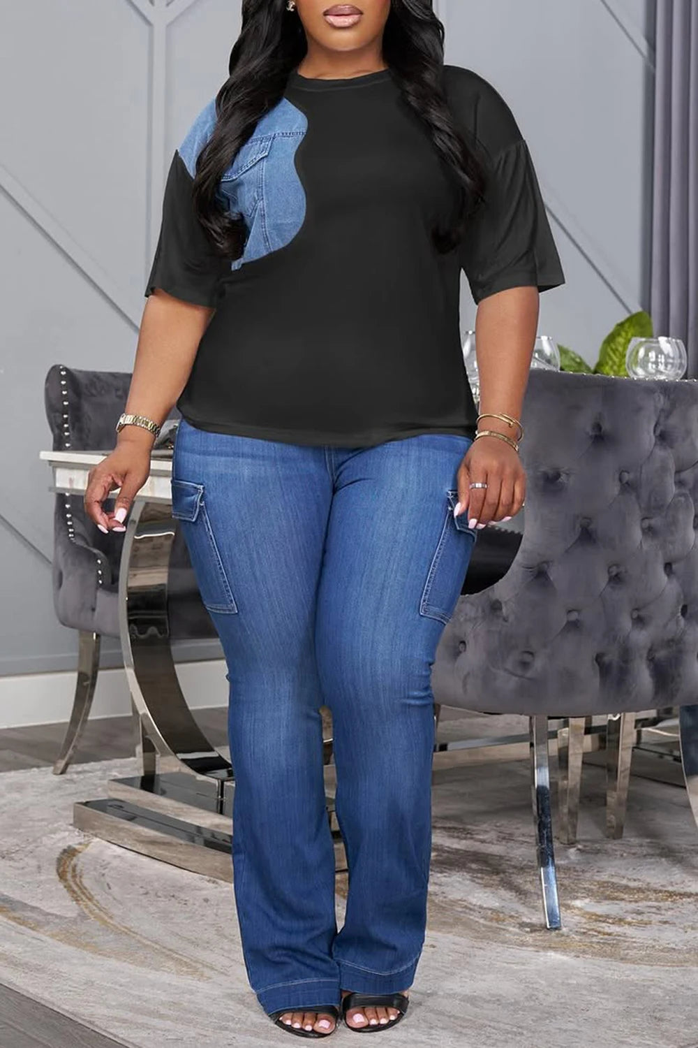 Plus Size Business Casual Black Round Neck Short Sleeve Pocket Denim Two Piece Pant Sets