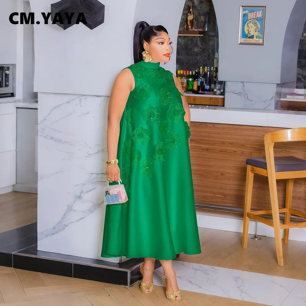 CM.YAYA Elegant Women Sleeveless Loose 3D Flower O-neck Dress 2025 Summer Bodycon African Street Midi Maxi Long Dresses Vestidos