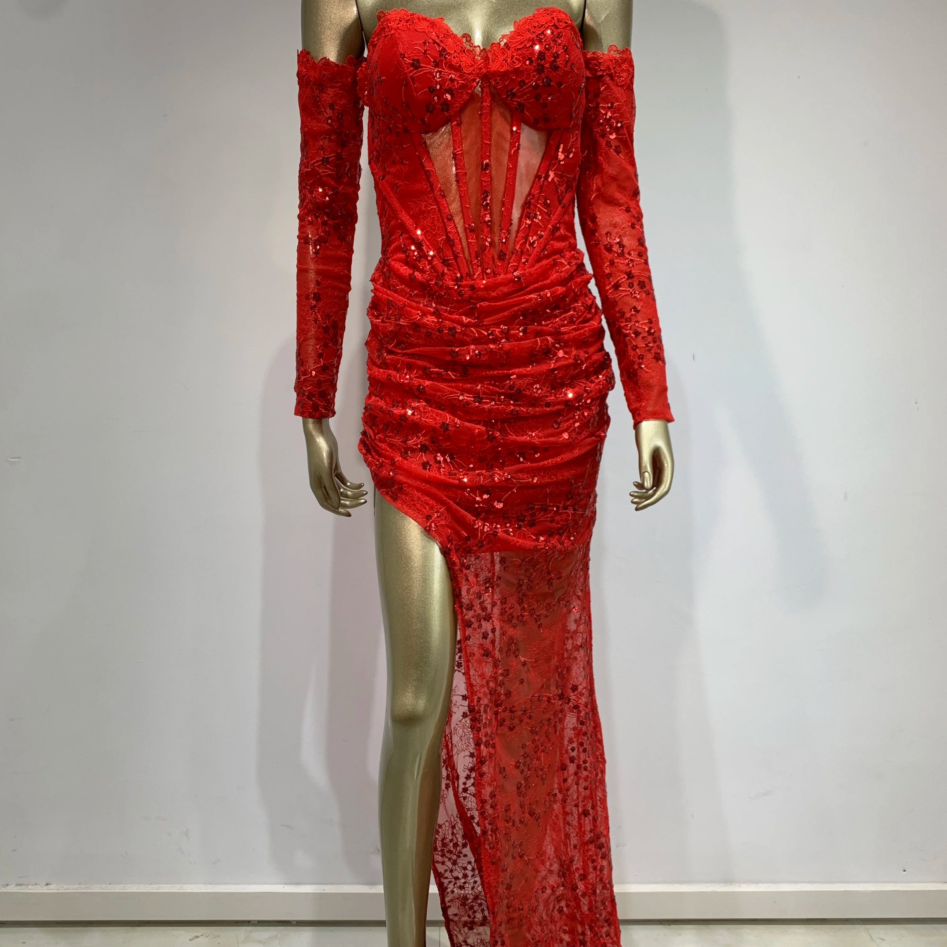 Women Summer Sexy Off Shoulder Lace Sequins Red Maxi Long Bodycon Dress 2024 Elegant Evening Party Club Dress Vestido