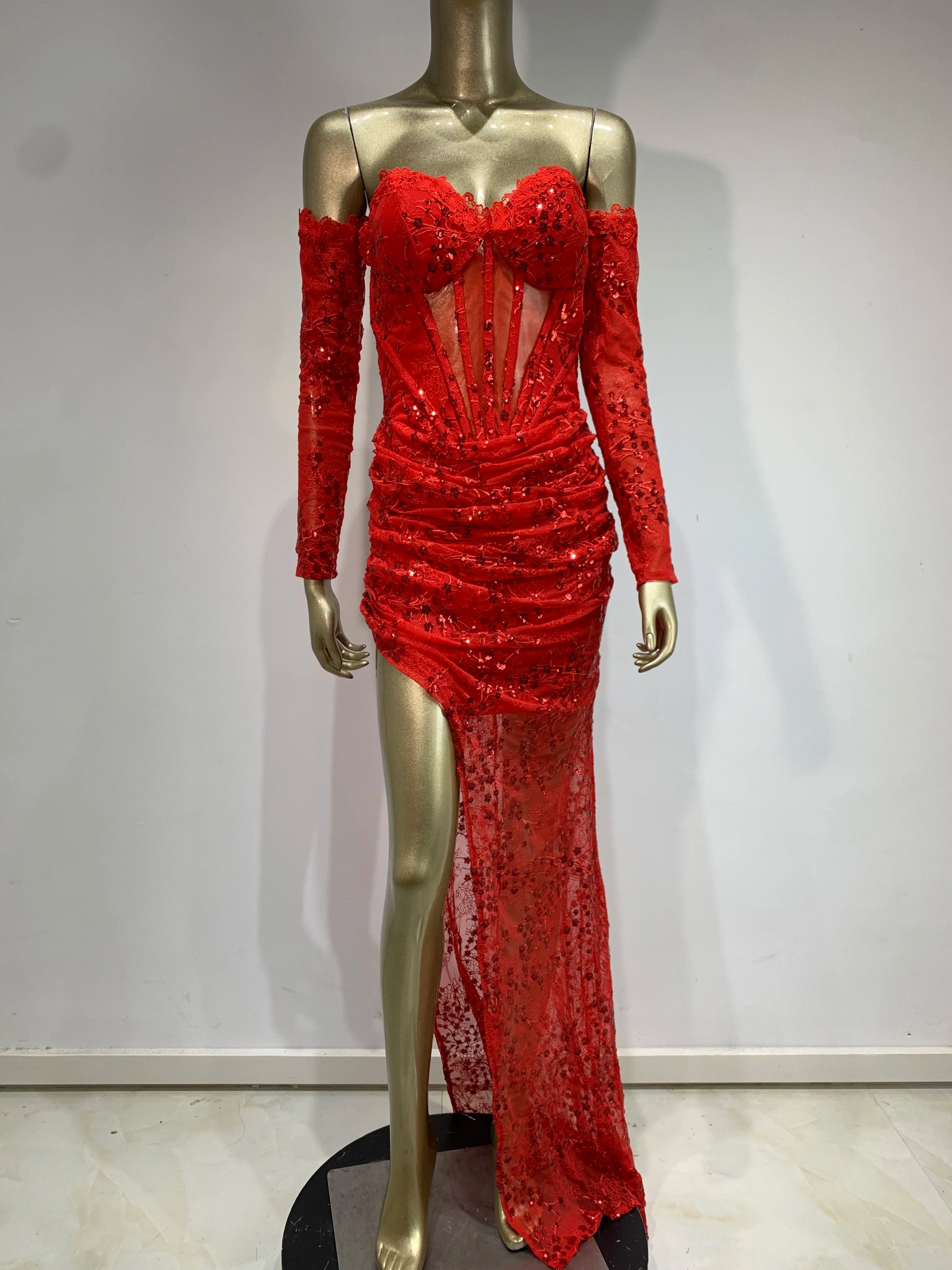 Women Summer Sexy Off Shoulder Lace Sequins Red Maxi Long Bodycon Dress 2024 Elegant Evening Party Club Dress Vestido
