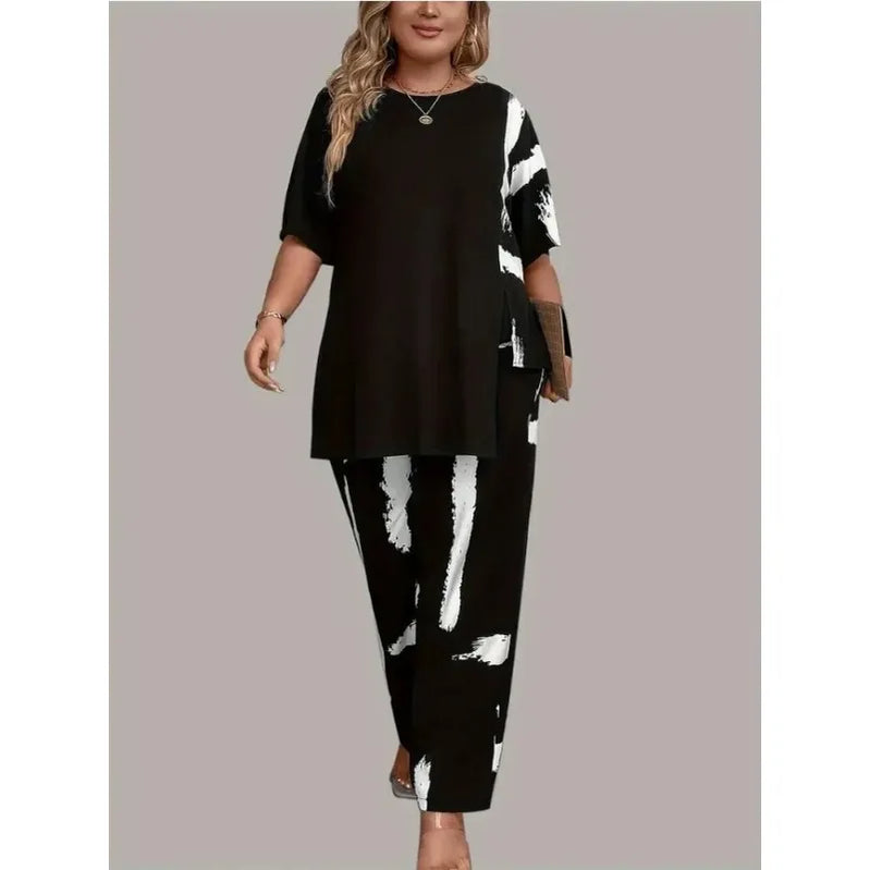 Plus Size Womens Brush Print Elegance  Short Sleeve Round Neck Split Top & Matching Pants 2 Piece Outfit Set