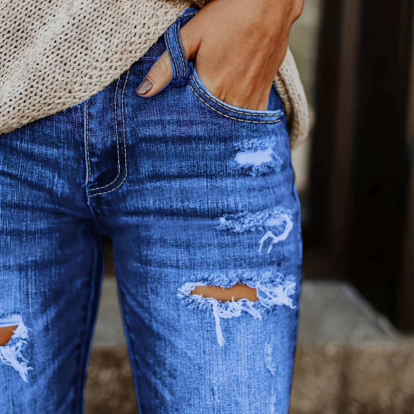 Blue Ripped Skinny Jeans, Distressed Slim Fit Slash Pockets Raw Hem Denim Pants, Women's Denim Jeans & Clothing