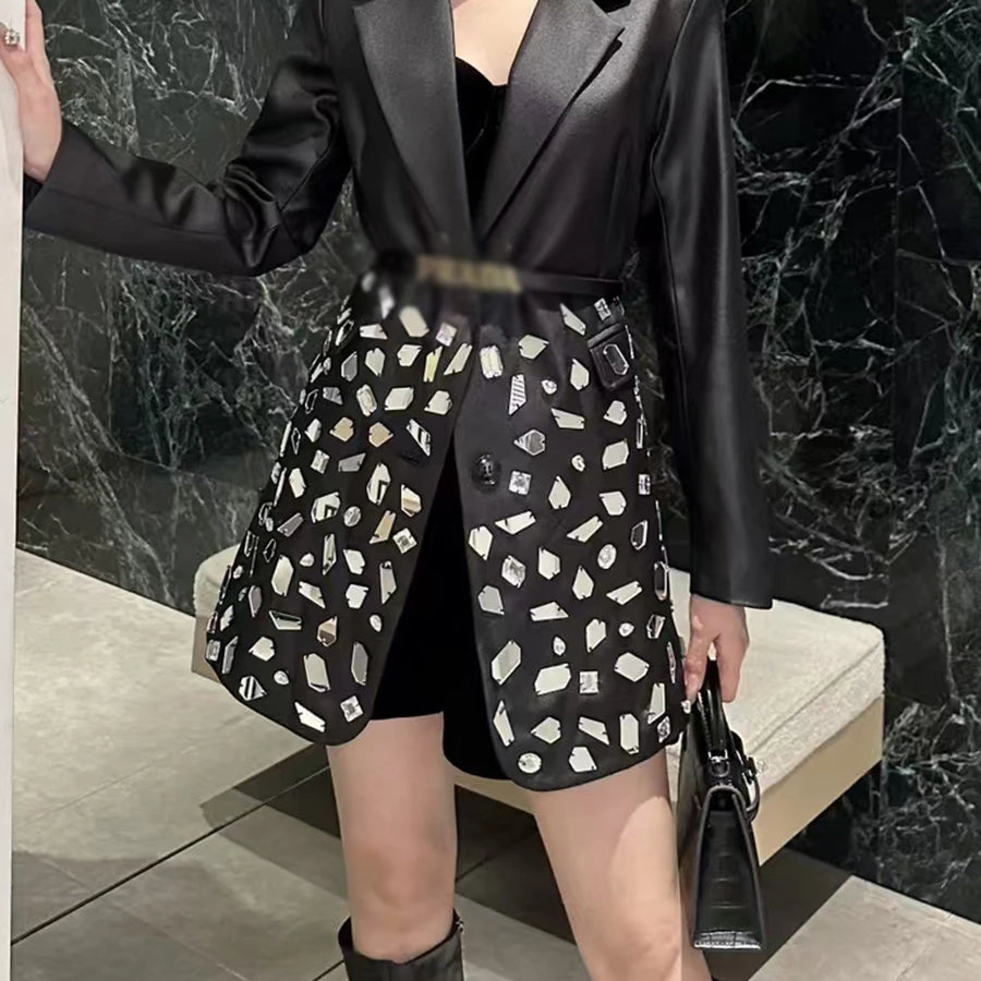 TWOTWINSTYLE Spliced Diamonds Luxurious Jackets for Women Lapel Long Sleeves Patchwork Single Breasted Fashion Jacket Female New