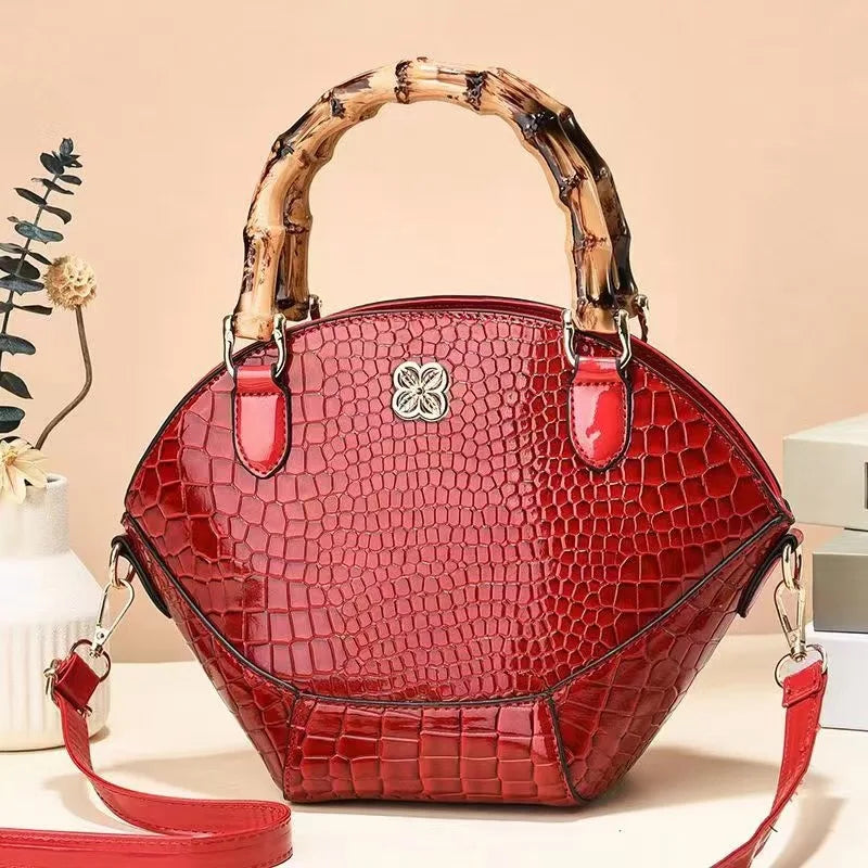 Crocodile Pattern Creative Shell Shaped Shoulder Bags Retro Bamboo Joint Handle Handbag Women Office Crossbody Bag Red