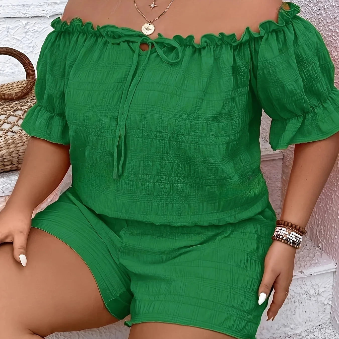 Plus Size Summer Women's Elegant Off Shoulder Shirt Short Pants 2 Piece Set Casual Vacation Solid Clothing Female