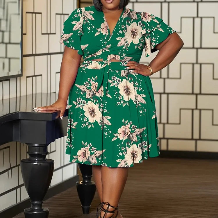 Wmstar Plus Size Shorts Sets Casual V Neck  Crop Top and Short Skirts Two Piece Women Matching Outfits Wholesale Dropshipping