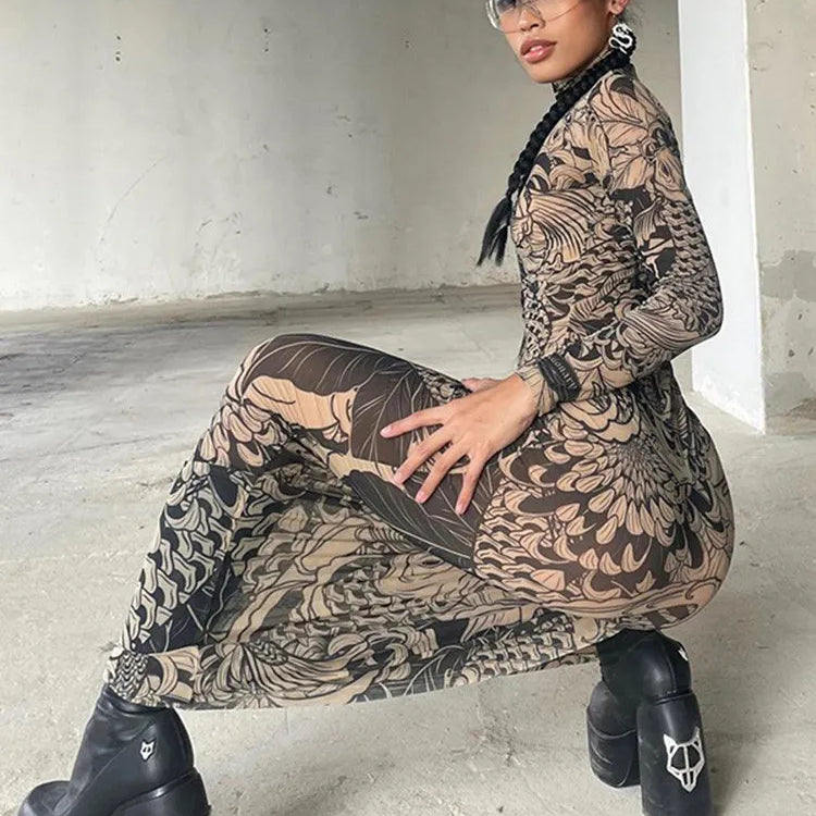 Women Autumn Winter Long Sleeve Mesh See Through Streetwear Bodycon Long Dress