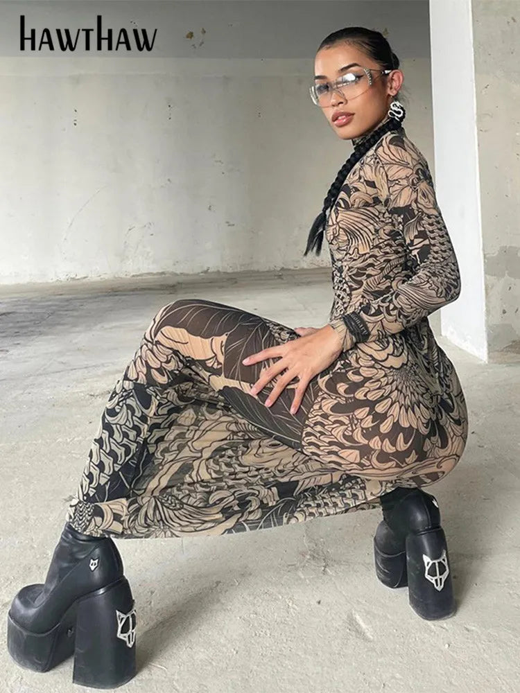 Women Autumn Winter Long Sleeve Mesh See Through Streetwear Bodycon Long Dress