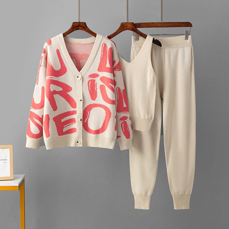 Autumn Winther 3 Piece Women Cardigan Tracksuits Letters Knitted Pocket Pants Set Ladies Sweater Suit European Fashion Outfits Khaki One Size