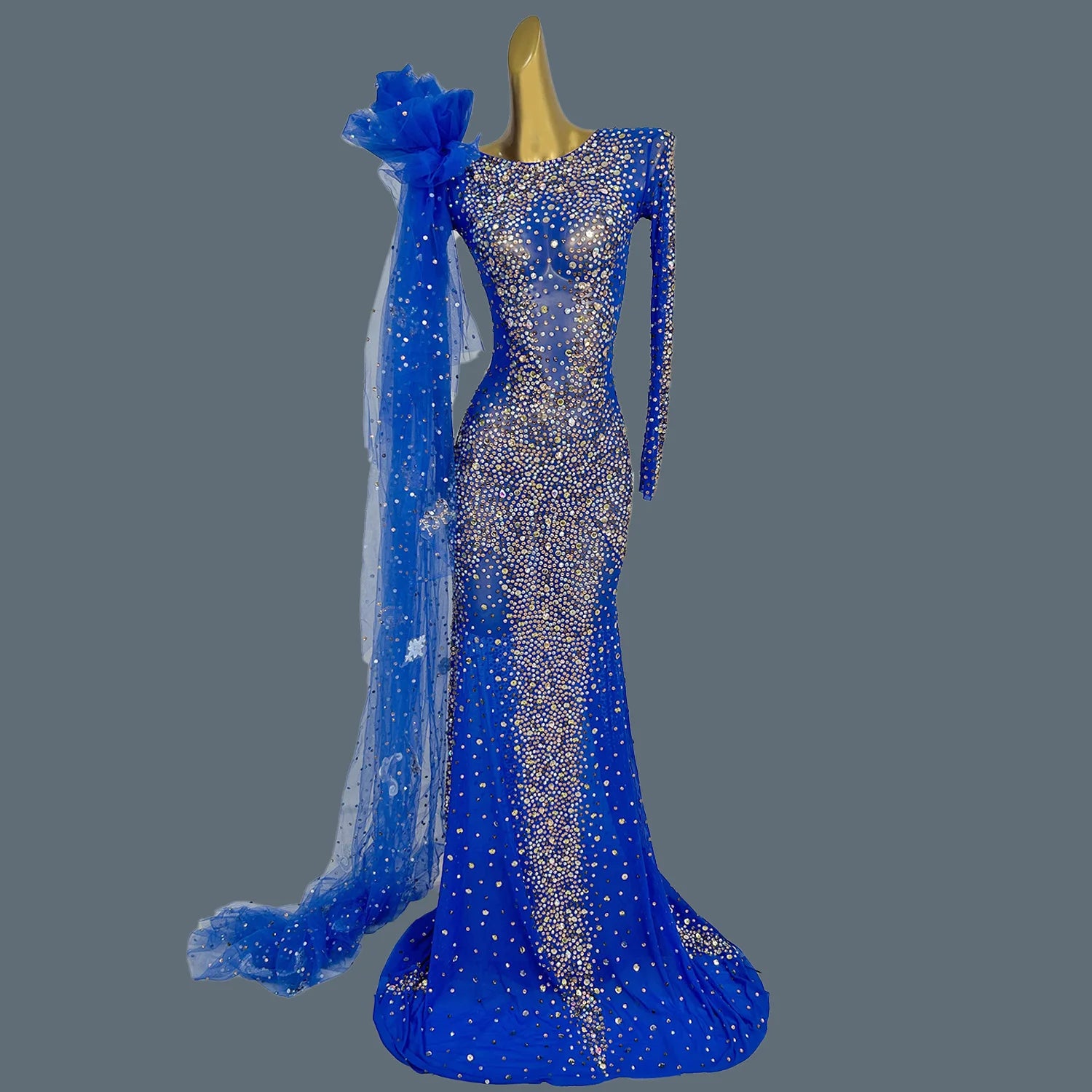 Sparkly Crystals Luxury Sheer Mesh Evening Gown Sexy Women Gauze Long Dress Birthday Wedding Prom Party High-end Outfit Shacha