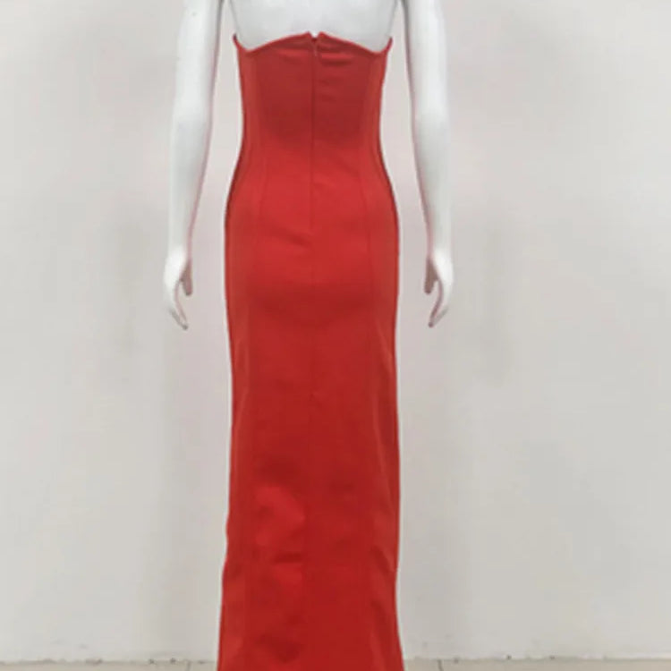 Women Sexy Strapless Backless Cut Out Red Maxi Long Bodycon Bandage Dress 2024 Elegant Evening Club Party Dress