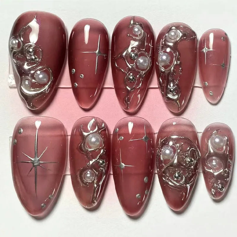 24Pcs Mid-length Almond Press on Fake Nails with Red Jellyfish Smudge Design False Nails 3D Shell Pattern Reusable Manicure Tips