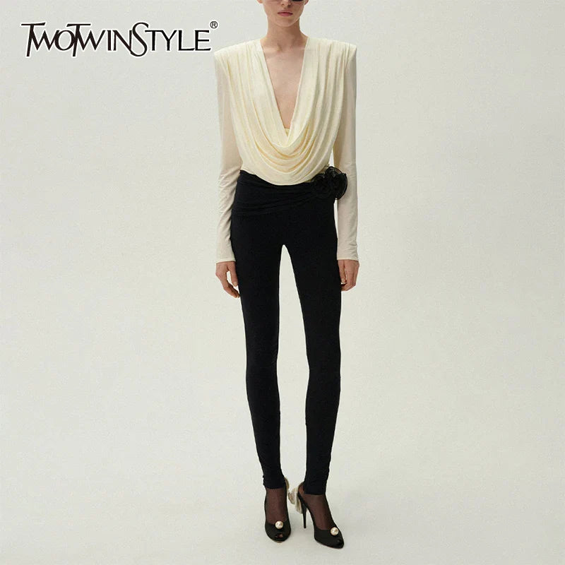 Slim Two Piece Set For Women Swinging Collar Long Sleeve Top High Waist Spliced Appliques Pant Casual Sets Female