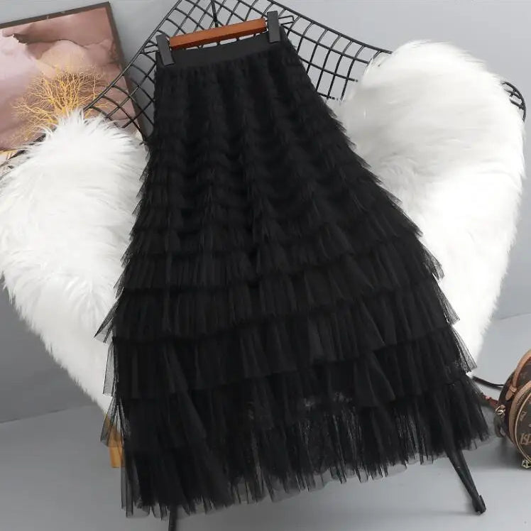 Spring Summer Women High Waist Slim Long Skirt Lolita Style Sweet Multilayered Mesh Patchwork Cake Skirt black One Size