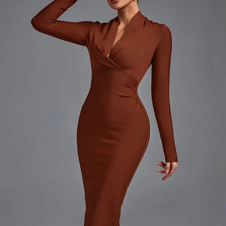 Draped Bandage Dress Women Long Sleeve Bandage Dress Bodycon Elegant Sexy Midi Evening Party Dress Summer Club Outfits