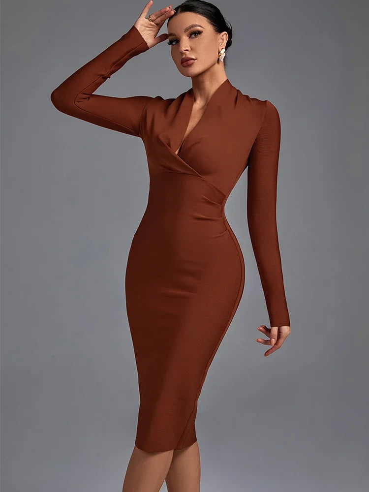 Draped Bandage Dress Women Long Sleeve Bandage Dress Bodycon Elegant Sexy Midi Evening Party Dress Summer Club Outfits