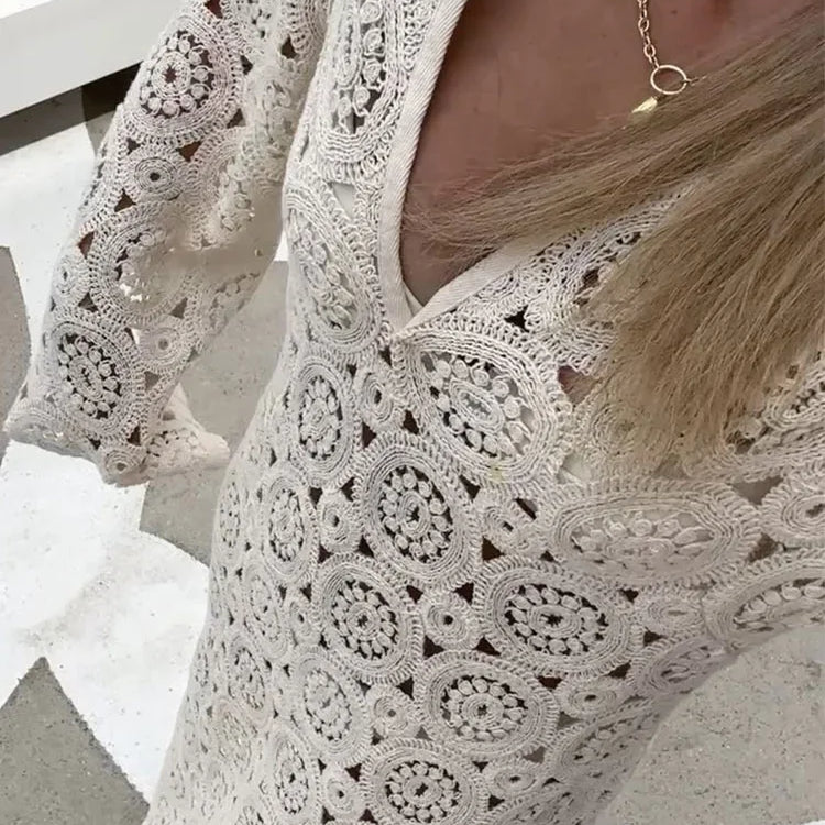 V Neck Crochet Hollowed Out Flare Sleeve Midi Dress Women Loose See Through Vestidos Sexy Party Beach Vacation Female Robes