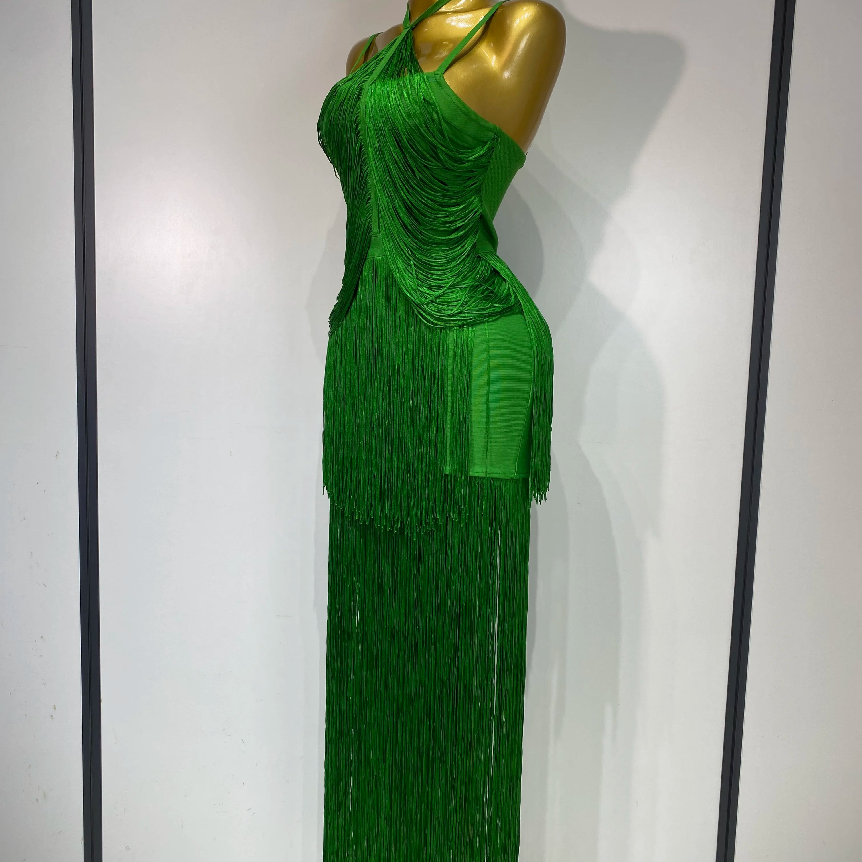 Women Sexy Backless Tassel Green Ankle Bodycon Bandage Dress 2025 Celebrity Elegant Evening Club  Luxury Birthday Party Outfit ﻿
