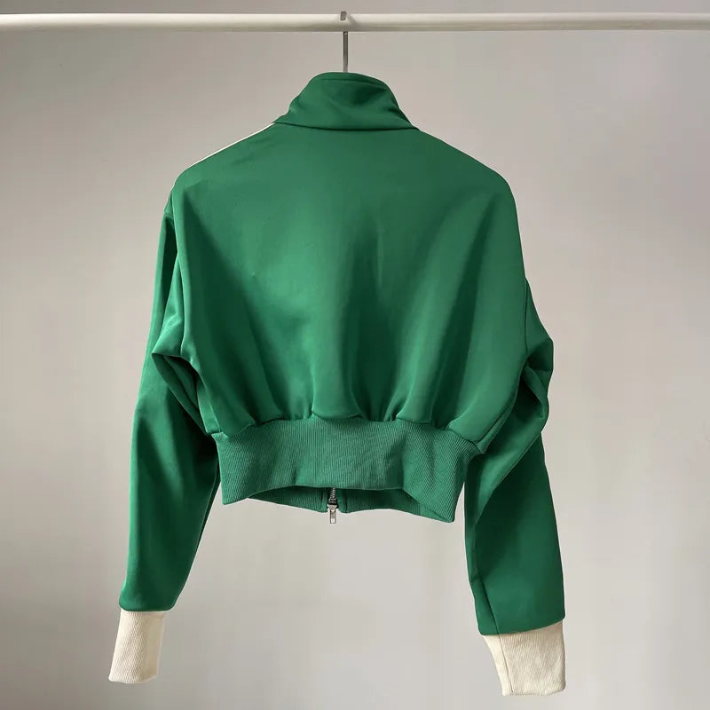 [YOZOU] Spring Double Zipper Baseball Cropped Jacket Women Outerwear Embroidered Striped Green Black White Blue Zip Up Coat