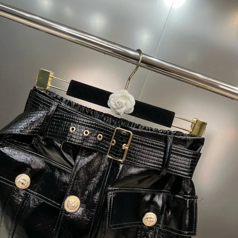 BORVEMAYS Black Stretch High Waist PU Leather Skirts Street Trend Temperament Solid Color Metal Button Zipper 2023 Autumn WZ5282