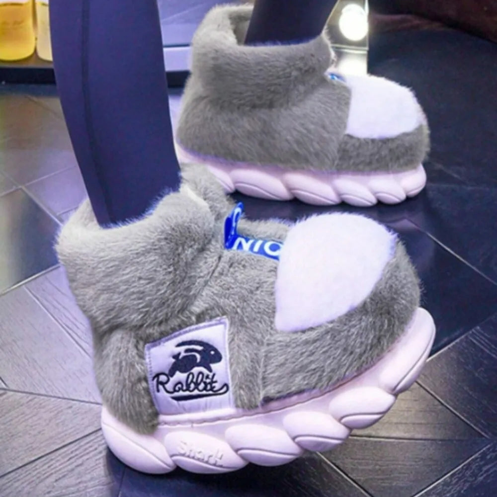 Plush Cotton Slippers Women Winter Warm Shoes Lining Indoor Couple Slides men Platform High Top Snow Boots Female Home